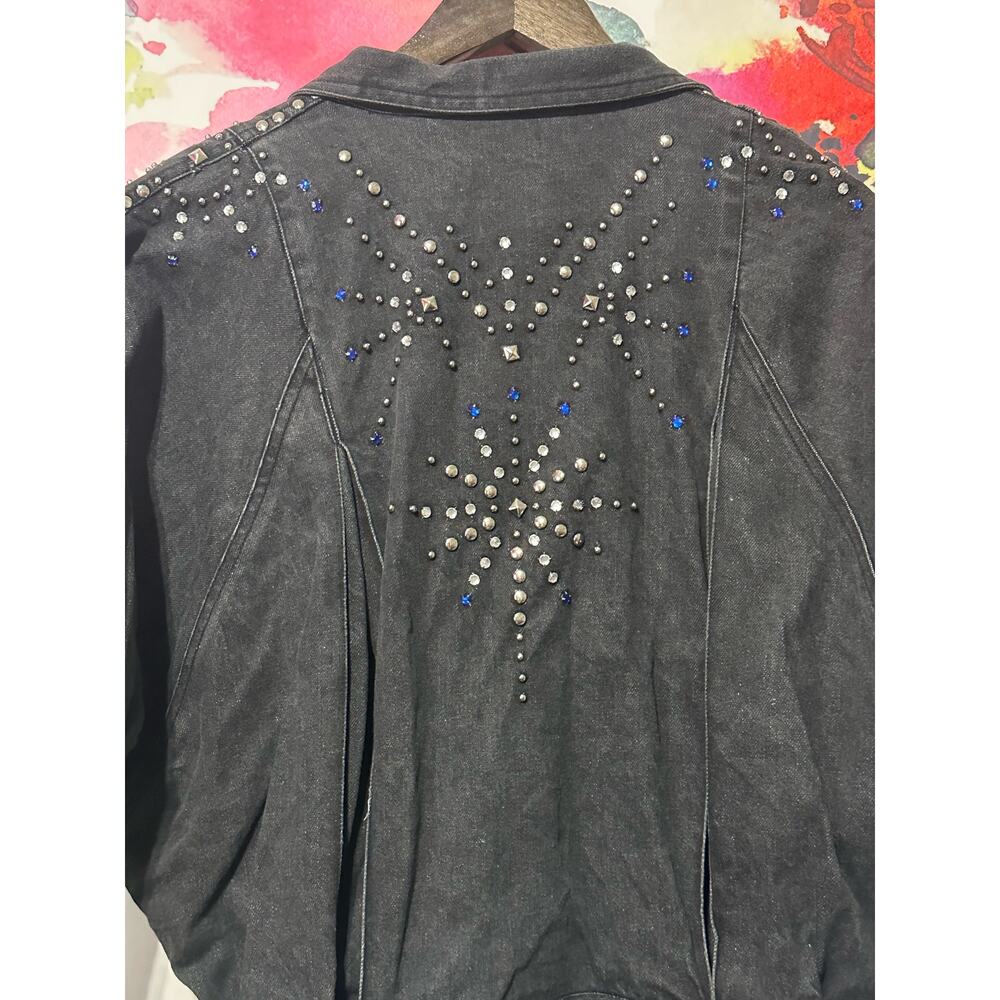 Vintage Lillie Rubin Women Black Studded Rhinestone Cropped Jean Jacket 70s 80s - Picture 2 of 5